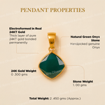 Gold pendant with green onyx stone on a beige background with text detailing properties.