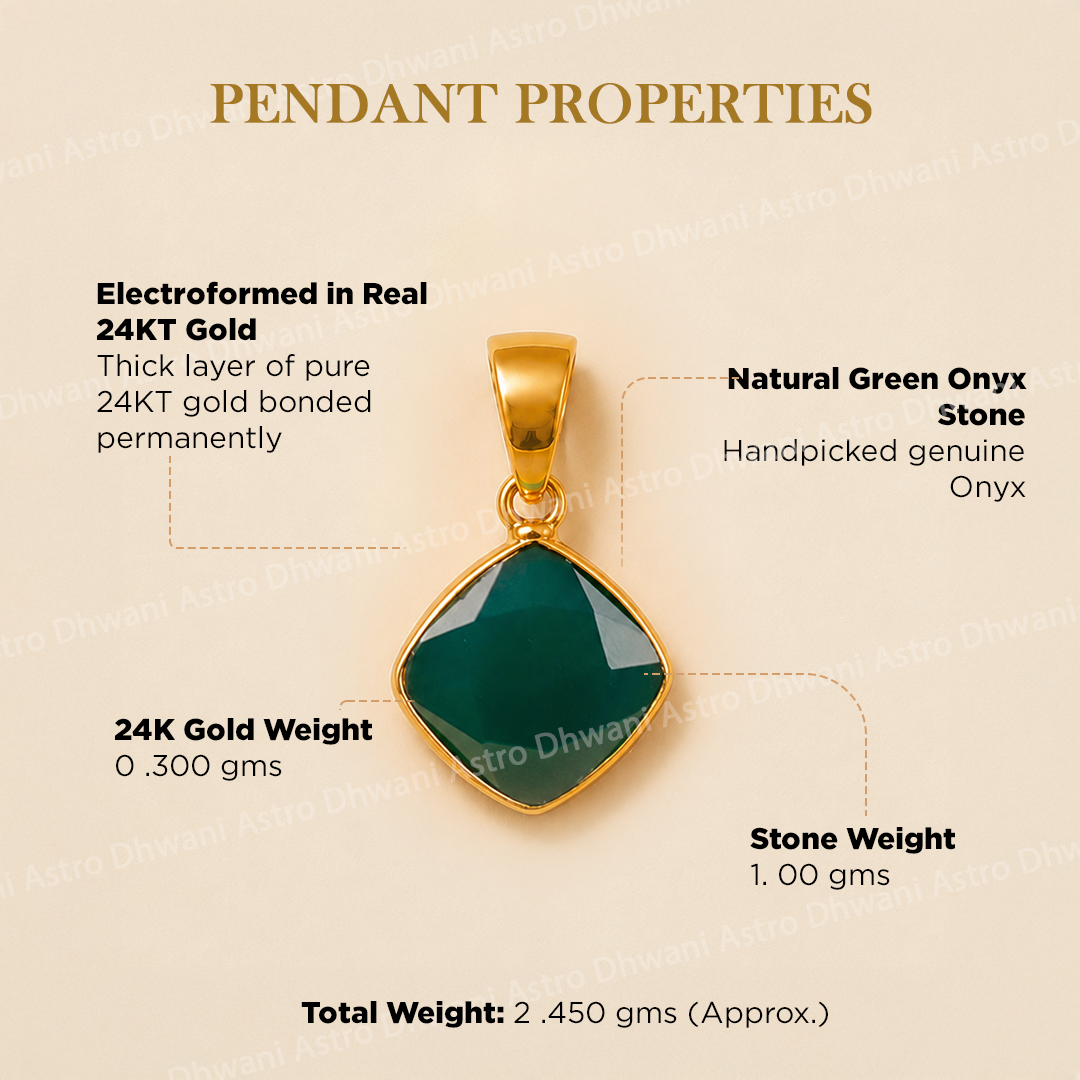 Gold pendant with green onyx stone on a beige background with text detailing properties.Green Onyx Aura Pendant with Cushion Shape in Real 24KT Gold Electroformed