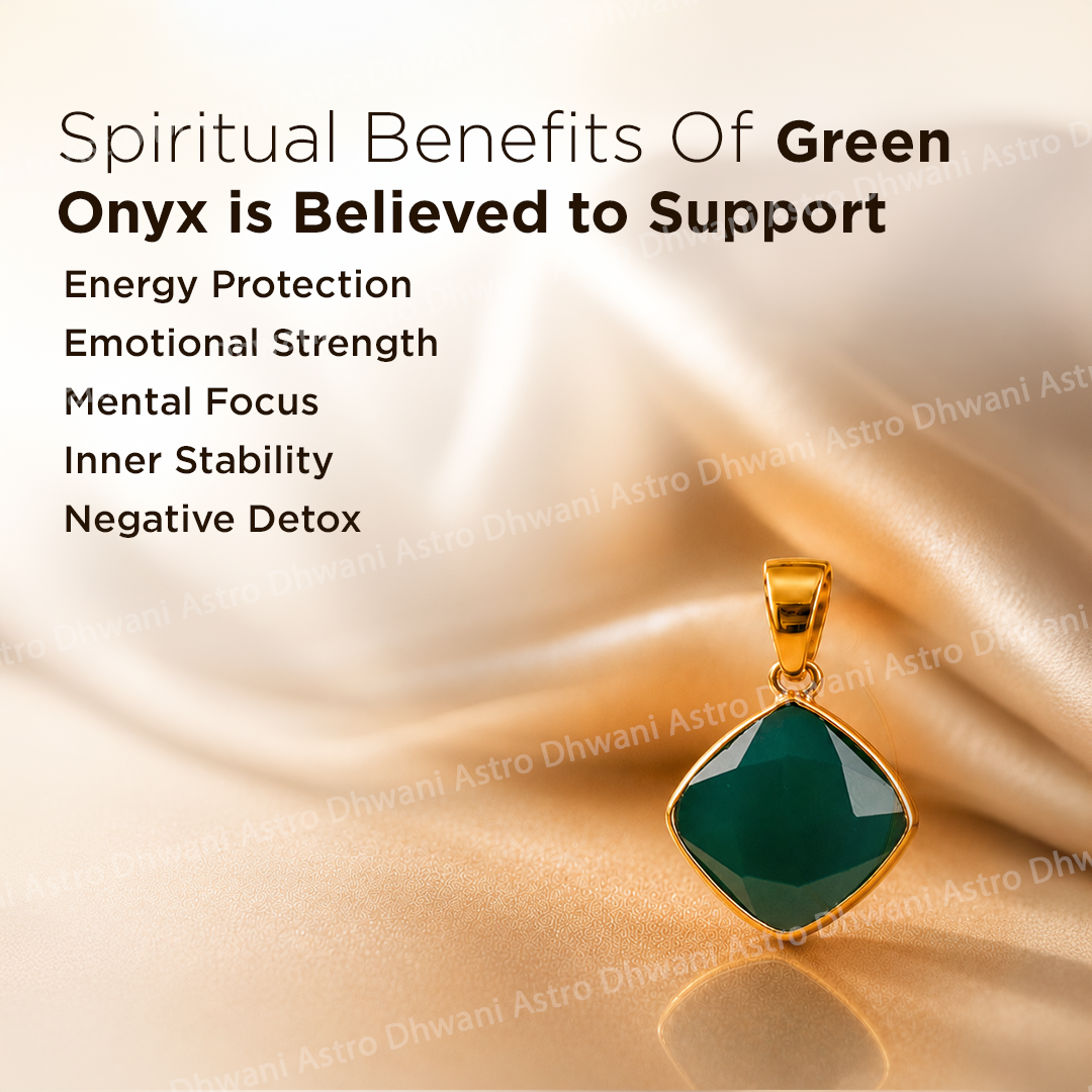 Green onyx pendant with gold frame on a beige fabric background, featuring text about spiritual benefits.Green Onyx Aura Pendant with Cushion Shape in Real 24KT Gold Electroformed
