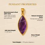 Gold pendant with purple stone on a beige background with text detailing properties.