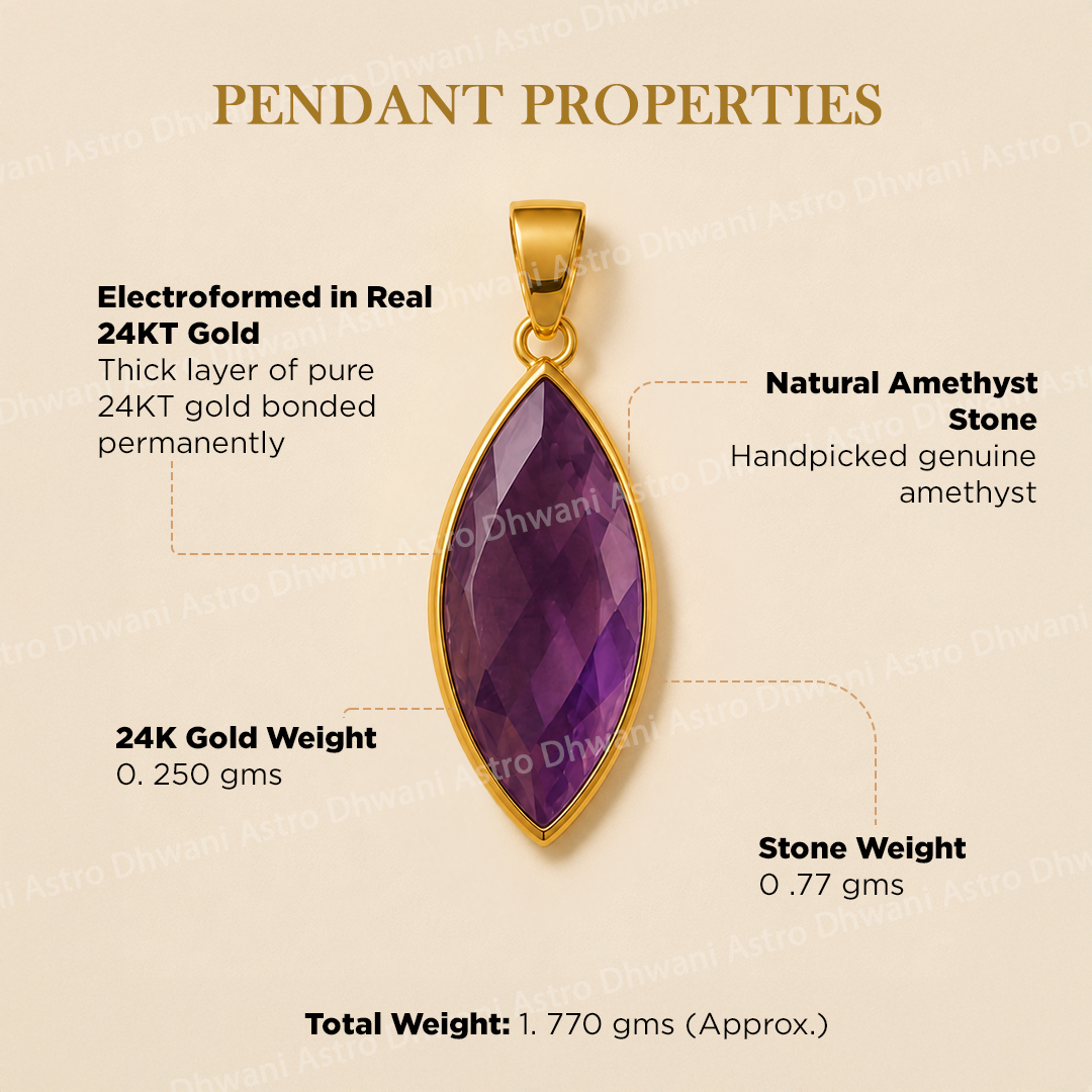 Gold pendant with purple stone on a beige background with text detailing properties.Natural Amethyst Aura Pendant in Real 24KT Gold