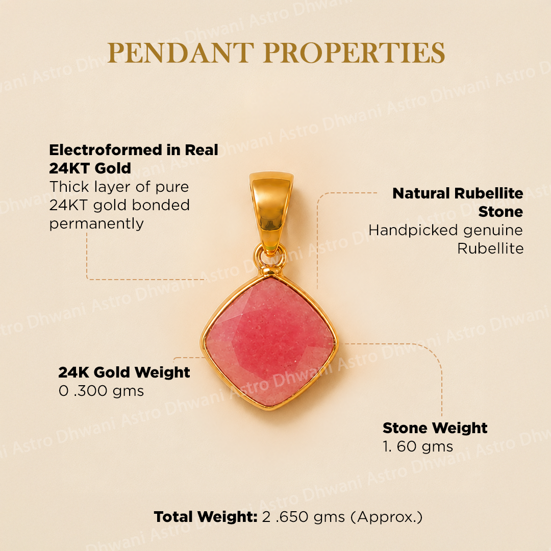 Gold pendant with pink stone on a beige background with text detailing properties.
