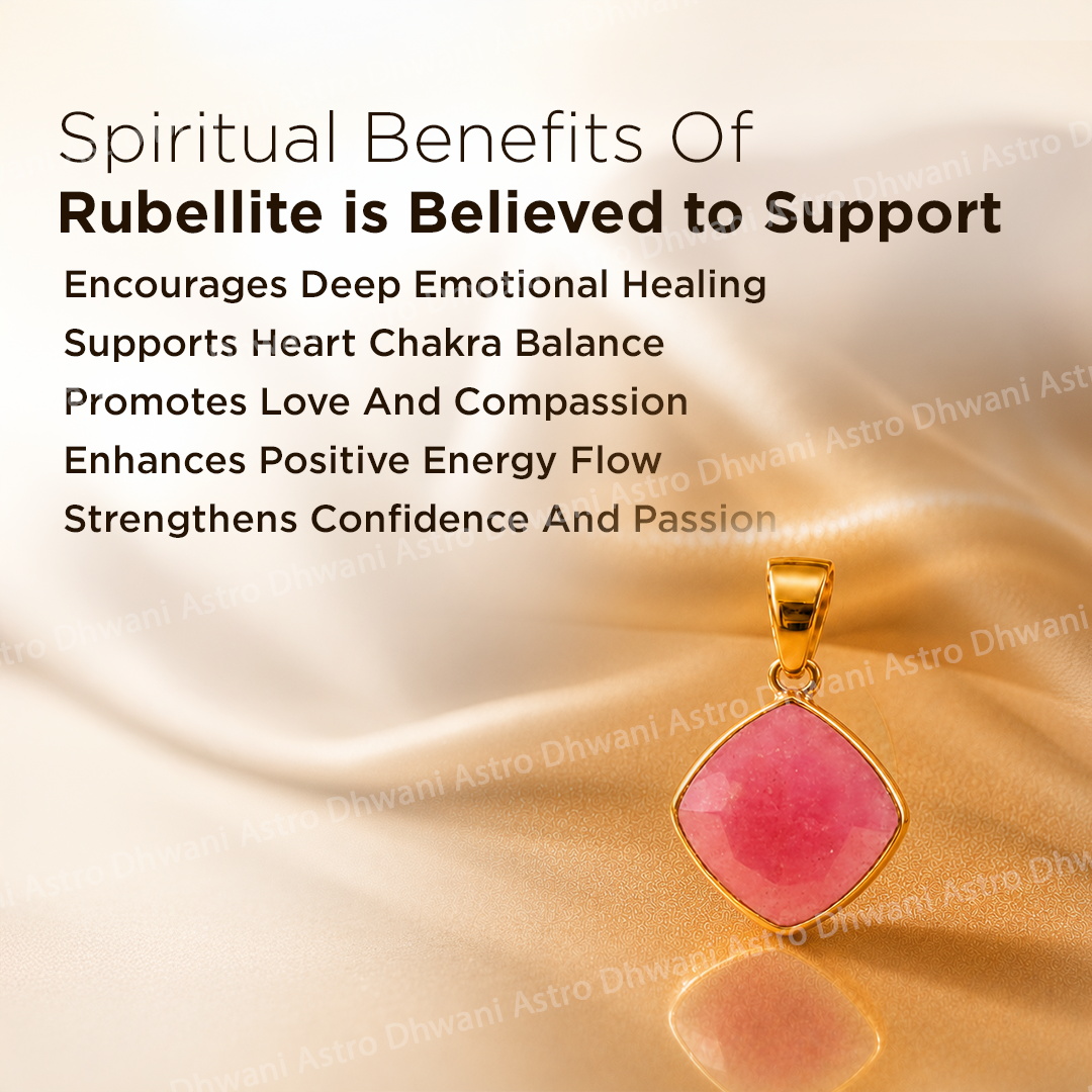 Rubellite pendant with gold setting on a beige background, featuring text about spiritual benefits.Rubellite Aura Pendant with Cushion Shape in Real 24KT Gold Electroformed
