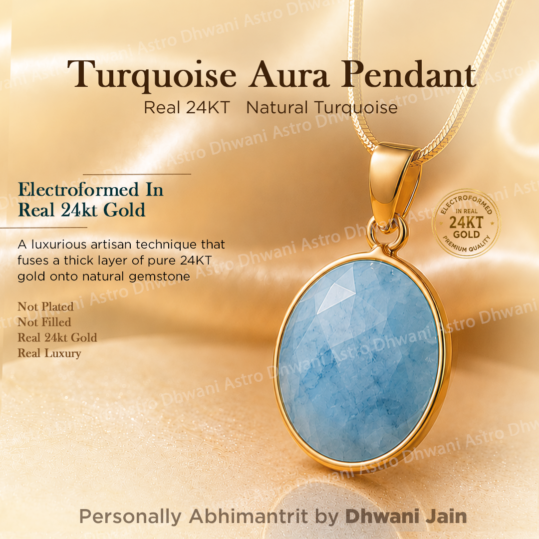 Turquoise pendant in gold setting with text about 24KT gold and natural turquoise on a gold background.