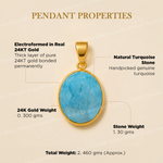 Gold pendant with turquoise stone on a beige background with text detailing properties.