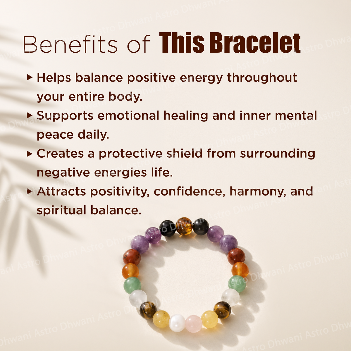 Colorful beaded bracelet with text listing benefits on a beige background