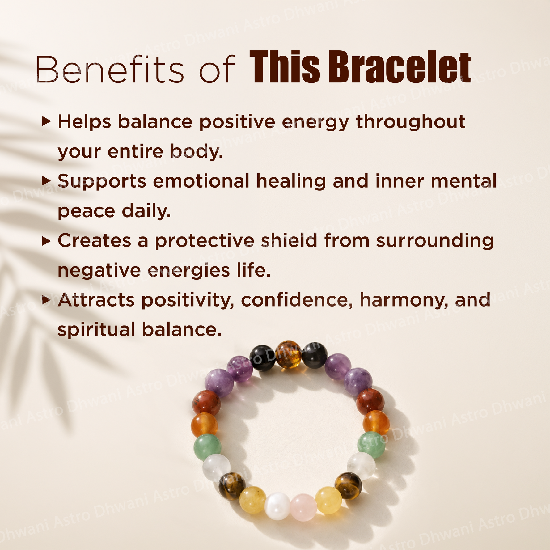 Colorful beaded bracelet with text listing benefits on a beige backgroundAddiction Bracelet for Emotional Balance, Focus & Positive Energy