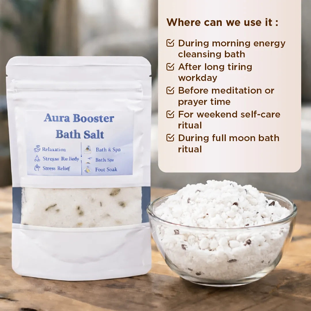 Aura Booster Bath Salt packaging with a bowl of bath salts on a wooden surfaceAura Booster Bath Salt – Energy Cleansing & Relaxation Bath Ritual