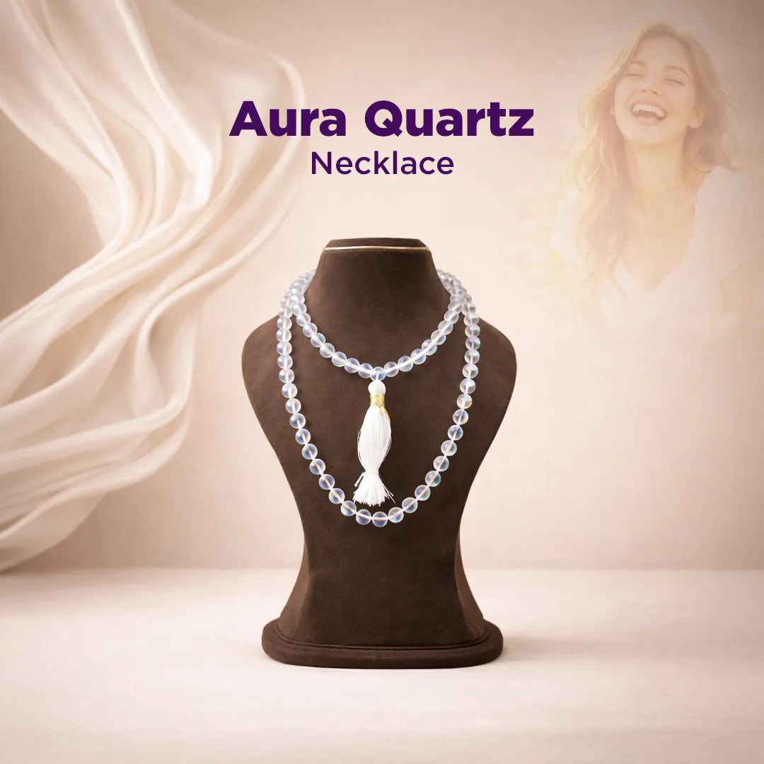 Aura Quartz necklace on a mannequin with a soft background