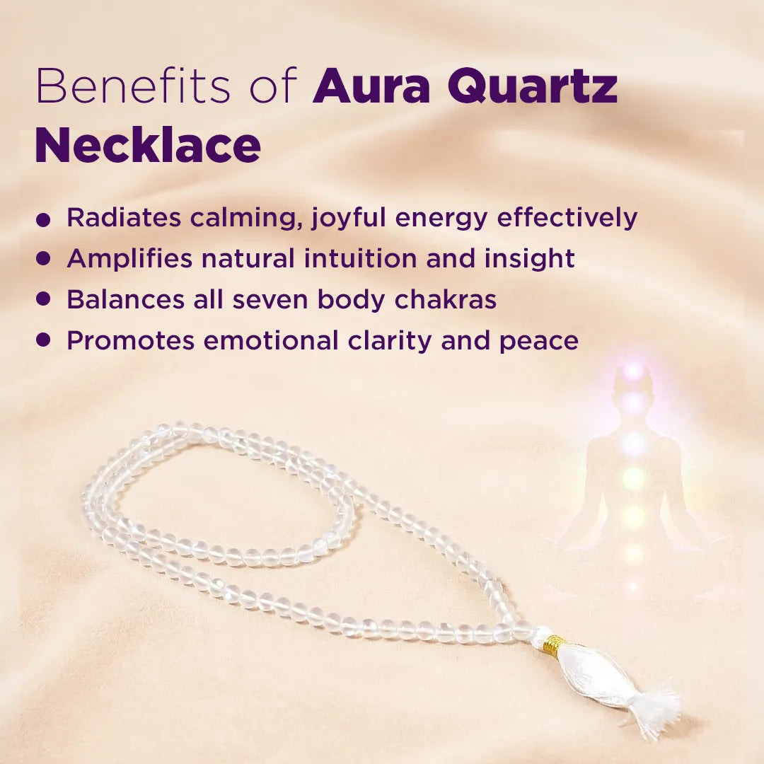Aura Quartz necklace with benefits listed on a soft beige background