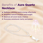 Aura Quartz necklace with benefits listed on a soft beige background
