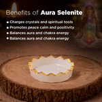 White dish with gold rim on a wooden surface, surrounded by text about Aura Selenite benefits.