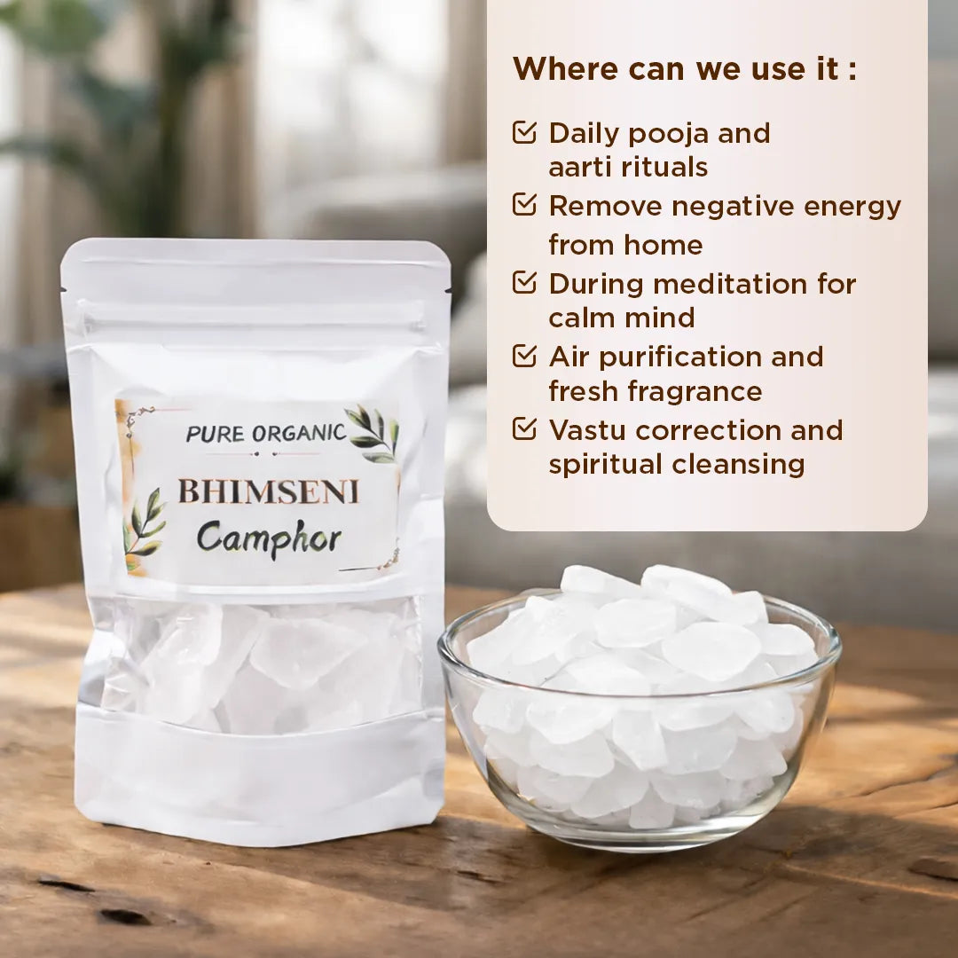 Bhimsen Camphor packaging with a bowl of camphor on a wooden surface, with text on using it for various purposes.