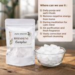Bhimsen Camphor packaging with a bowl of camphor on a wooden surface, with text on using it for various purposes.