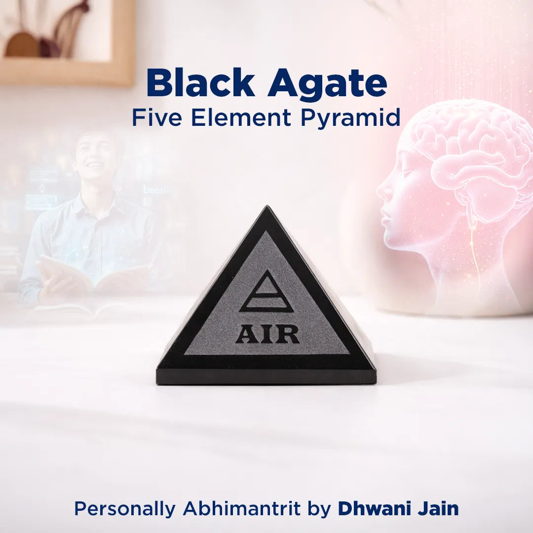 Black Agate Five Element Pyramid with 'AIR' on a white surface