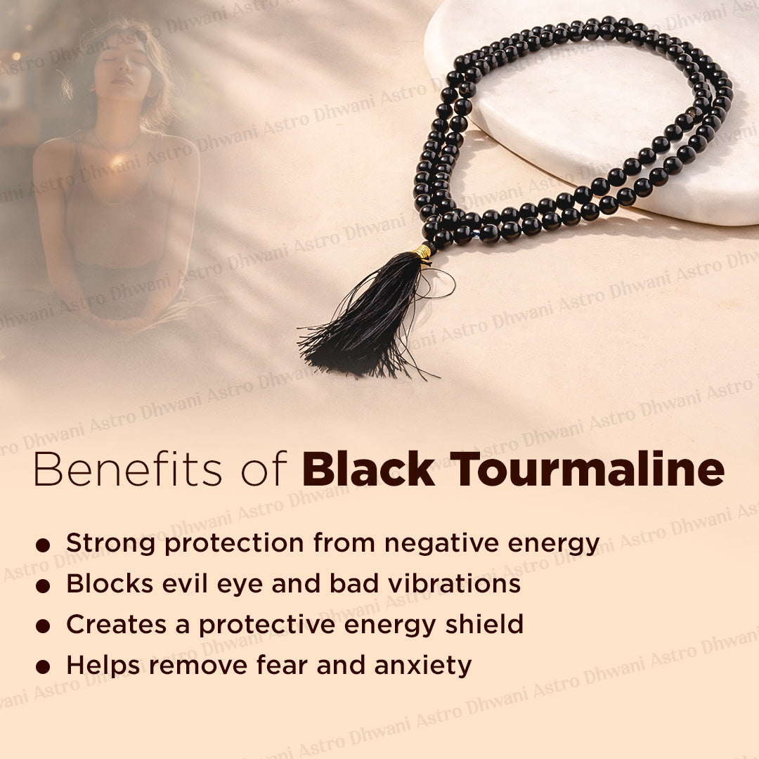 Black Tourmaline Crystal Mala  - Abhimantrit & Certified