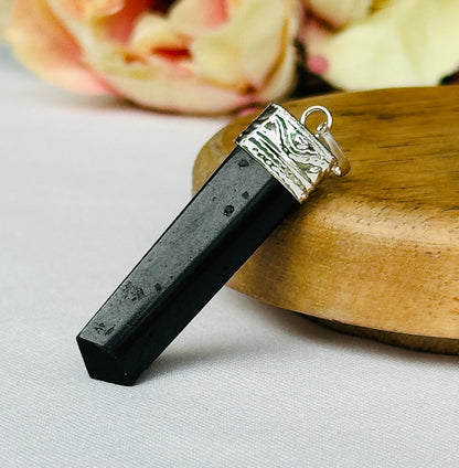 Black Tourmaline Pencil Pendant - Abhimantrit & Certified