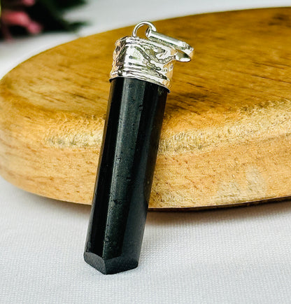 Black Tourmaline Pencil Pendant - Abhimantrit & Certified