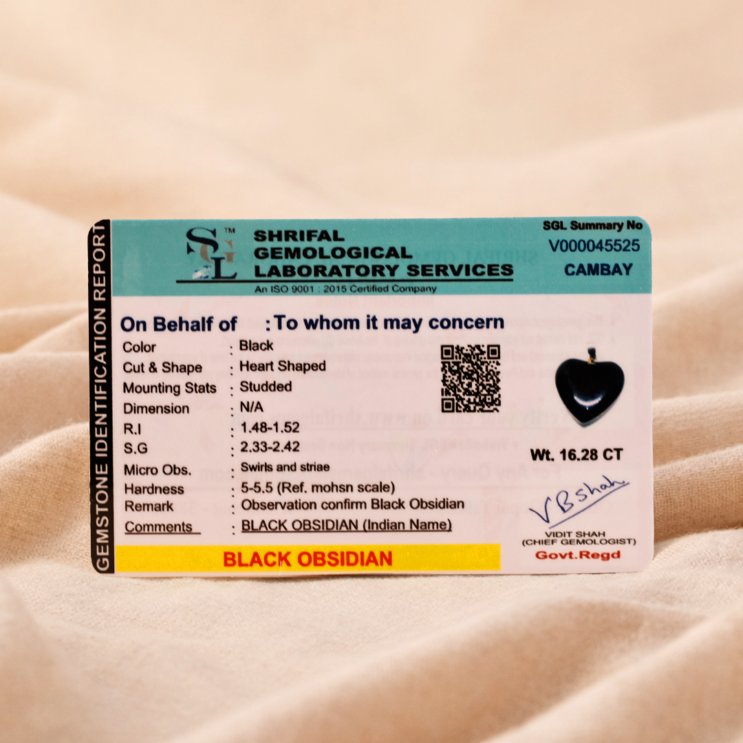 Shriful Gemological Laboratory Services identification report for a black obsidian stone on a beige background.