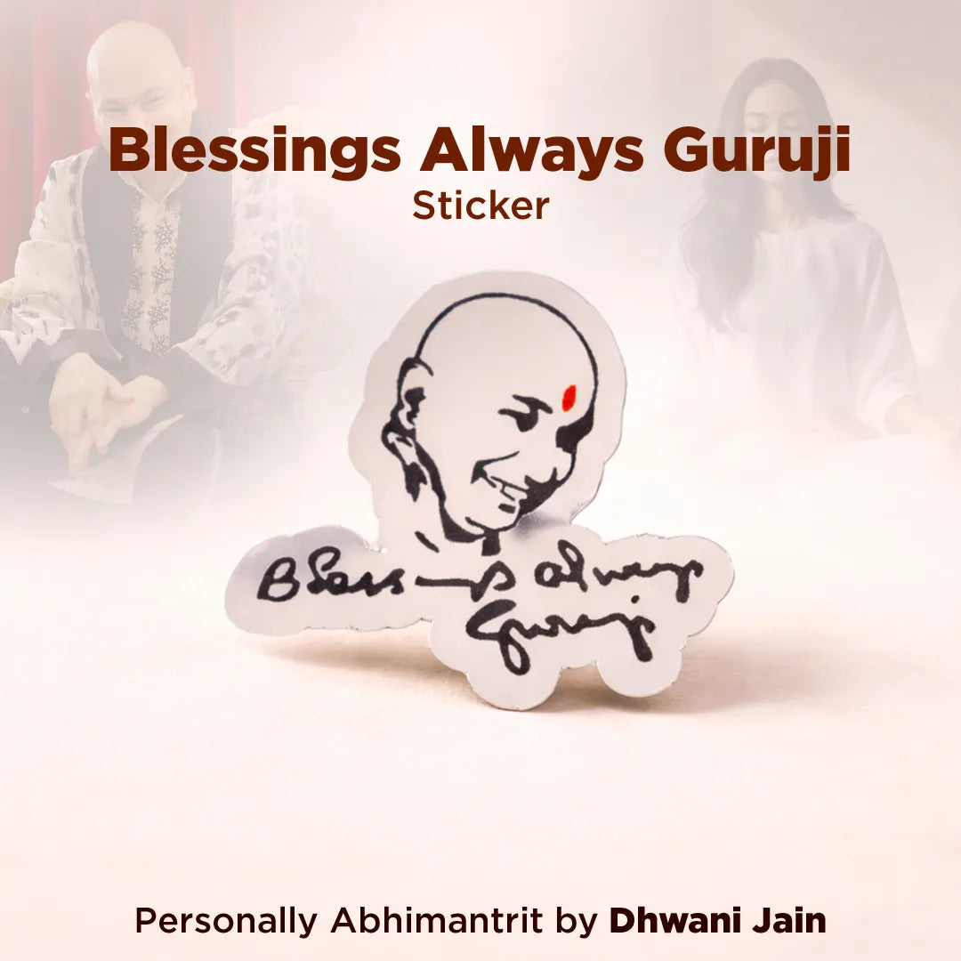 Sticker with 'Blessings Always Guruji' text and a blurred background of people sitting.