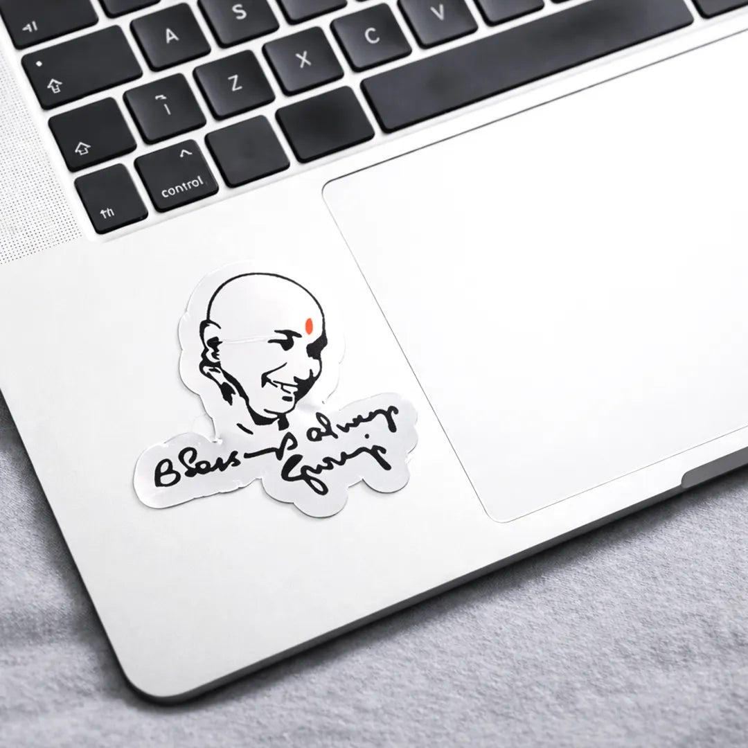 Sticker with a bald head design and text on a laptopBlessings Always Guruji Sticker (Pack of 10pcs) - Divine Blessings & Protection