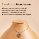 Necklace with a bloodstone pendant on a mannequin against a beige background with text about bloodstone benefits.