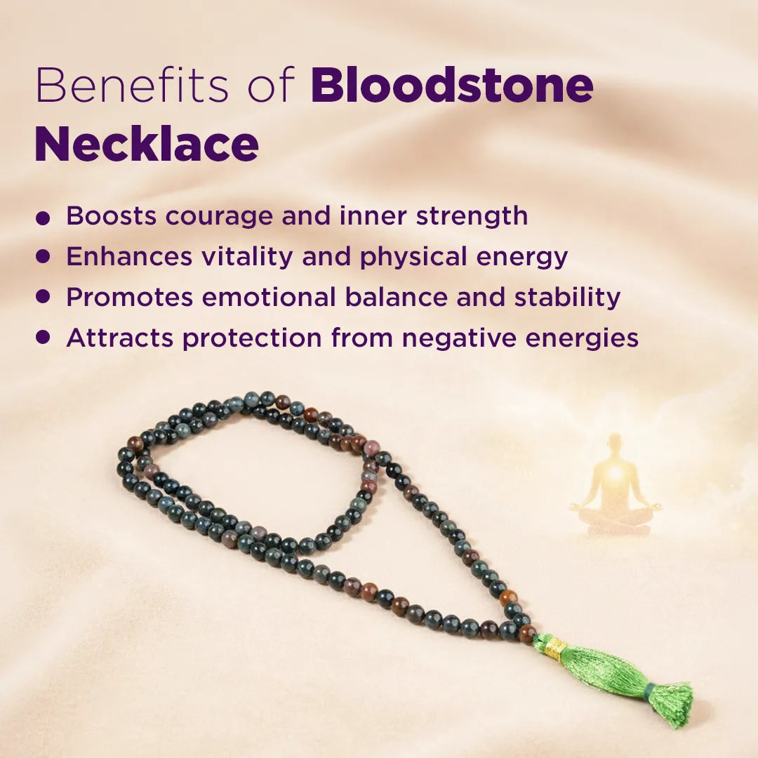 Bloodstone necklace with its benefits listed on a beige background