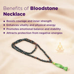 Bloodstone necklace with its benefits listed on a beige background