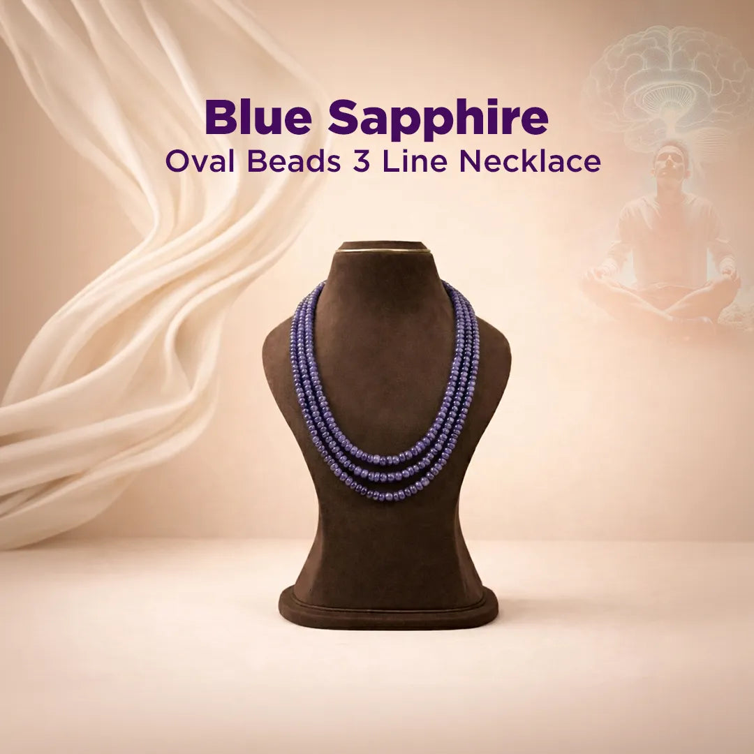 Blue Sapphire Oval Beads 3 Line Necklace on a mannequin bust with a soft beige background