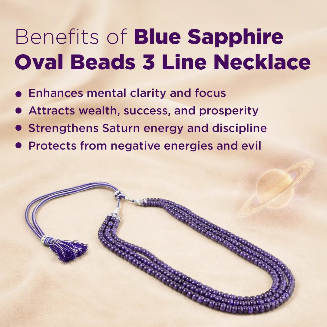 Blue Sapphire Oval Beads 3 Line Necklace with benefits listed on a beige background