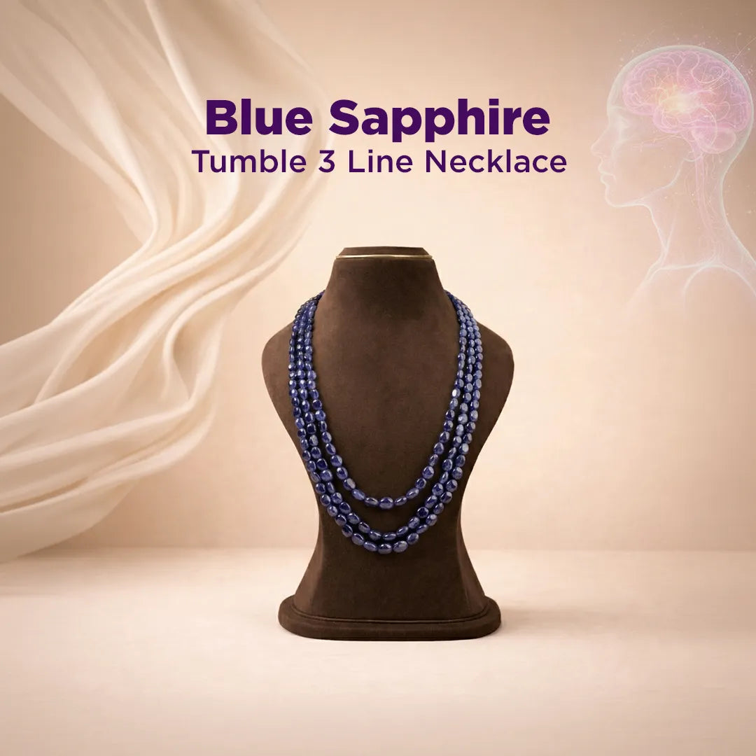 Blue Sapphire Tumble 3 Line Necklace on a mannequin bust with a soft beige background