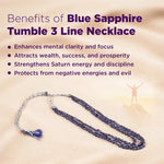 Blue sapphire tumble 3 line necklace with benefits listed on a beige background