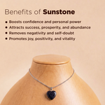 Necklace with a sunstone pendant on a wooden mannequin against a beige background with text about sunstone benefits.