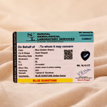 Shrilal Gemological Laboratory Services identification report for a blue sunstone on a beige background
