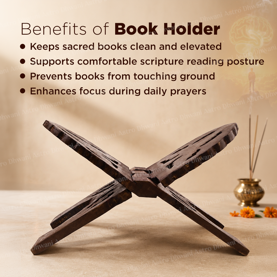 Dark brown wooden book stand shown open on a tabletop, with promotional text listing benefits such as keeping books clean, supporting reading posture, preventing contact with the ground, and enhancing focus. A small incense burner and incense sticks appear blurred in the background.Wooden Book Stand | Foldable Book Holder for Bhagavad Gita, Bible, Quran & Cookbooks