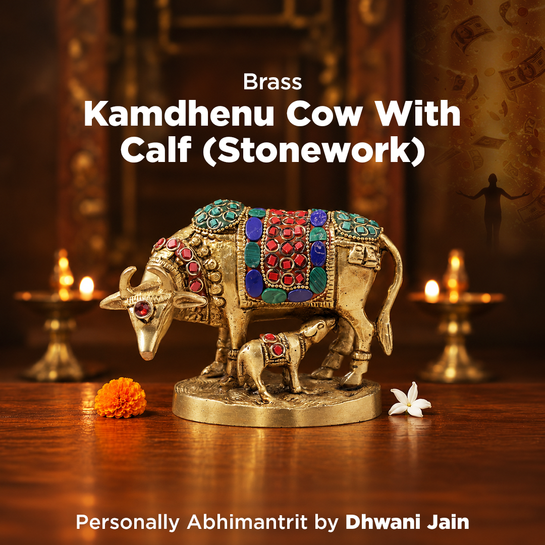 Brass Kaam Dhenu Cow With Calf (Stonework) - Abhimantrit