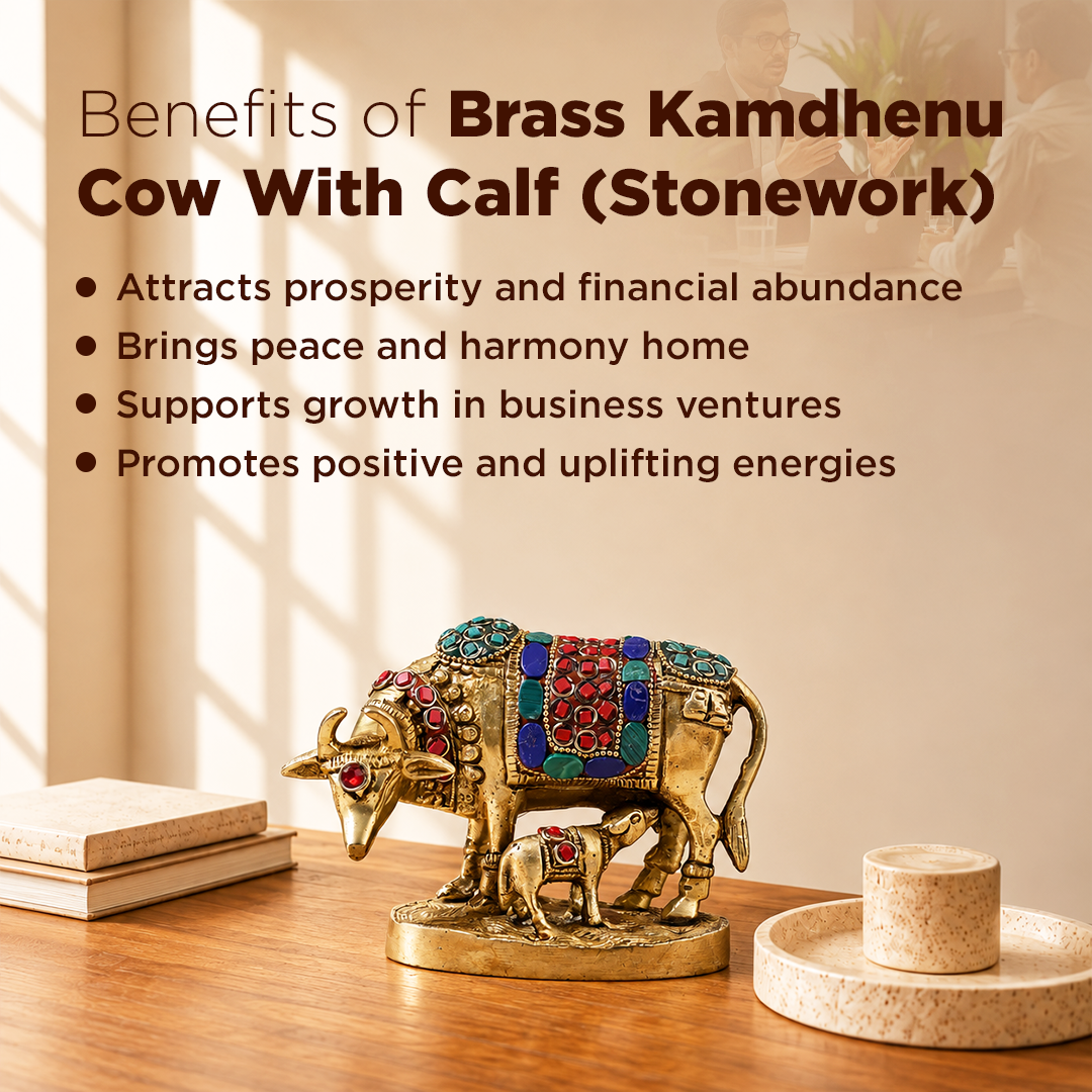 Brass Kaam Dhenu Cow With Calf (Stonework) - Abhimantrit
