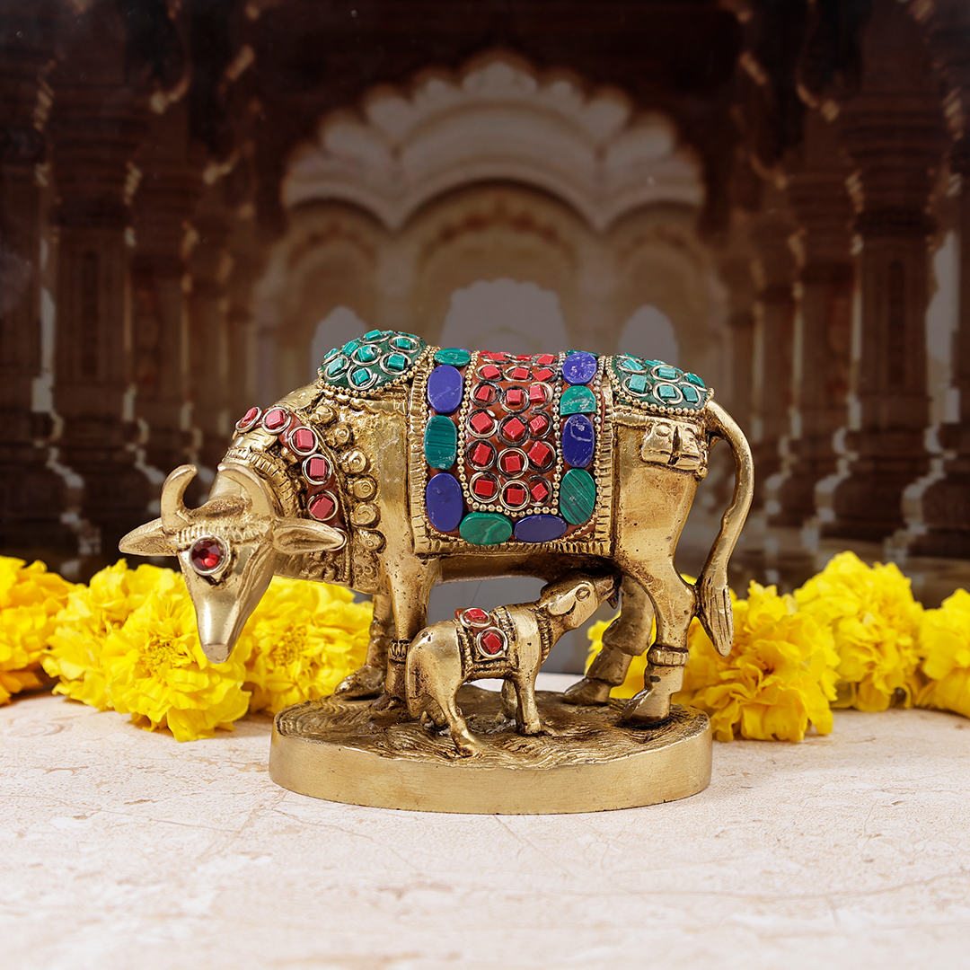Brass Kaam Dhenu Cow With Calf (Stonework) - Abhimantrit