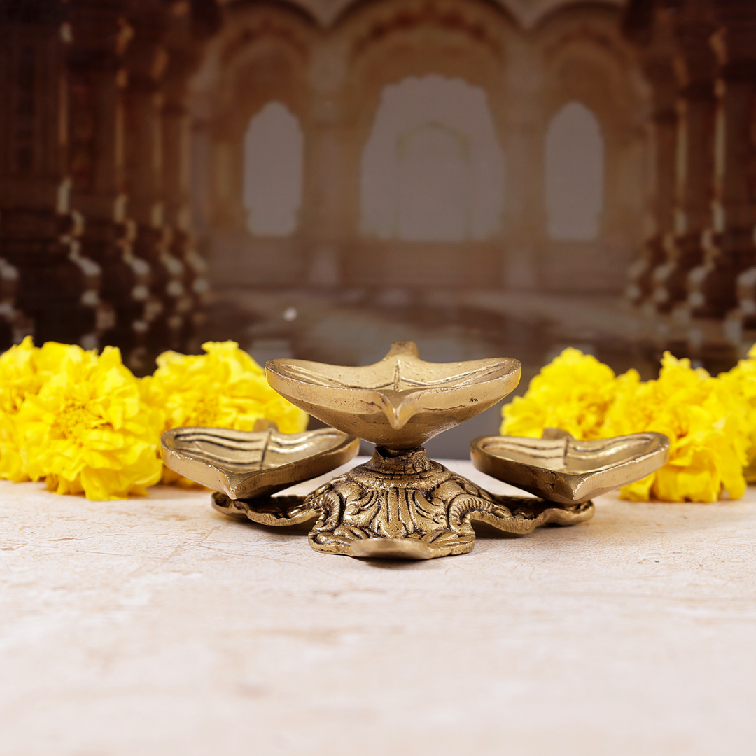 Brass Leaf Shaped 3 Layered Deepam - Abhimantrit