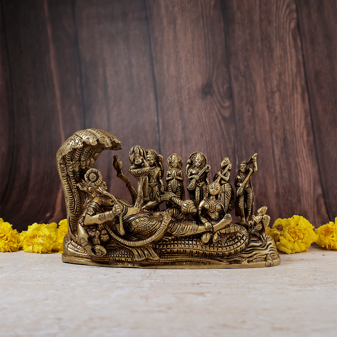 Brass Lord Vishnu Bhagwan Resting on Shesnag - Abhimantrit