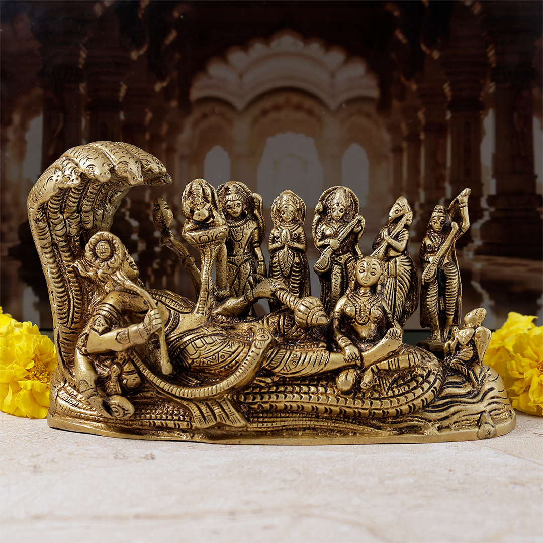 Brass Lord Vishnu Bhagwan Resting on Shesnag - Abhimantrit