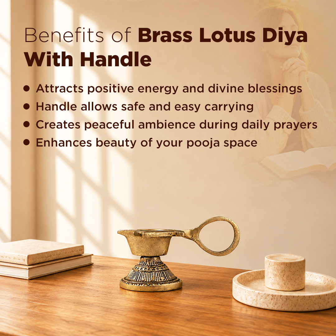Brass Lotus Diya With Handle - Abhimantrit