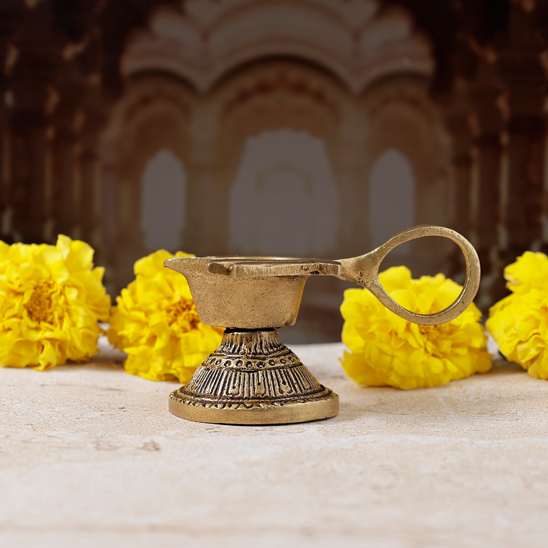 Brass Lotus Diya With Handle - Abhimantrit