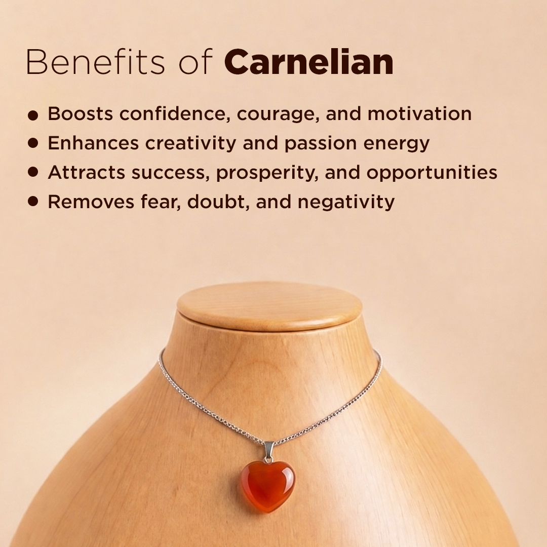 Carnelian necklace on a wooden mannequin with benefits listed on a beige background