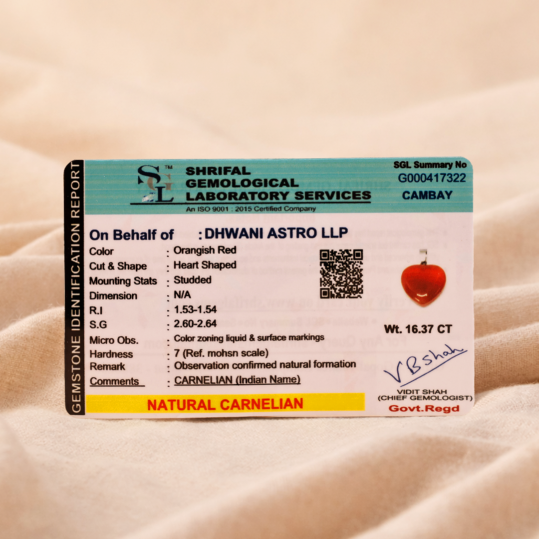 Identification report for a natural carnelian stone from Shrirafal Gemological Laboratory Services on a beige background.