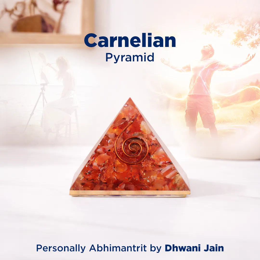 Carnelian pyramid with spiral design on a white surface, branded 'Carnelian Pyramid' by Dhwani Jain.