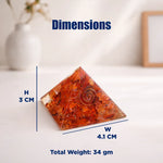 Pyramid-shaped object with measurements and weight details on a light background