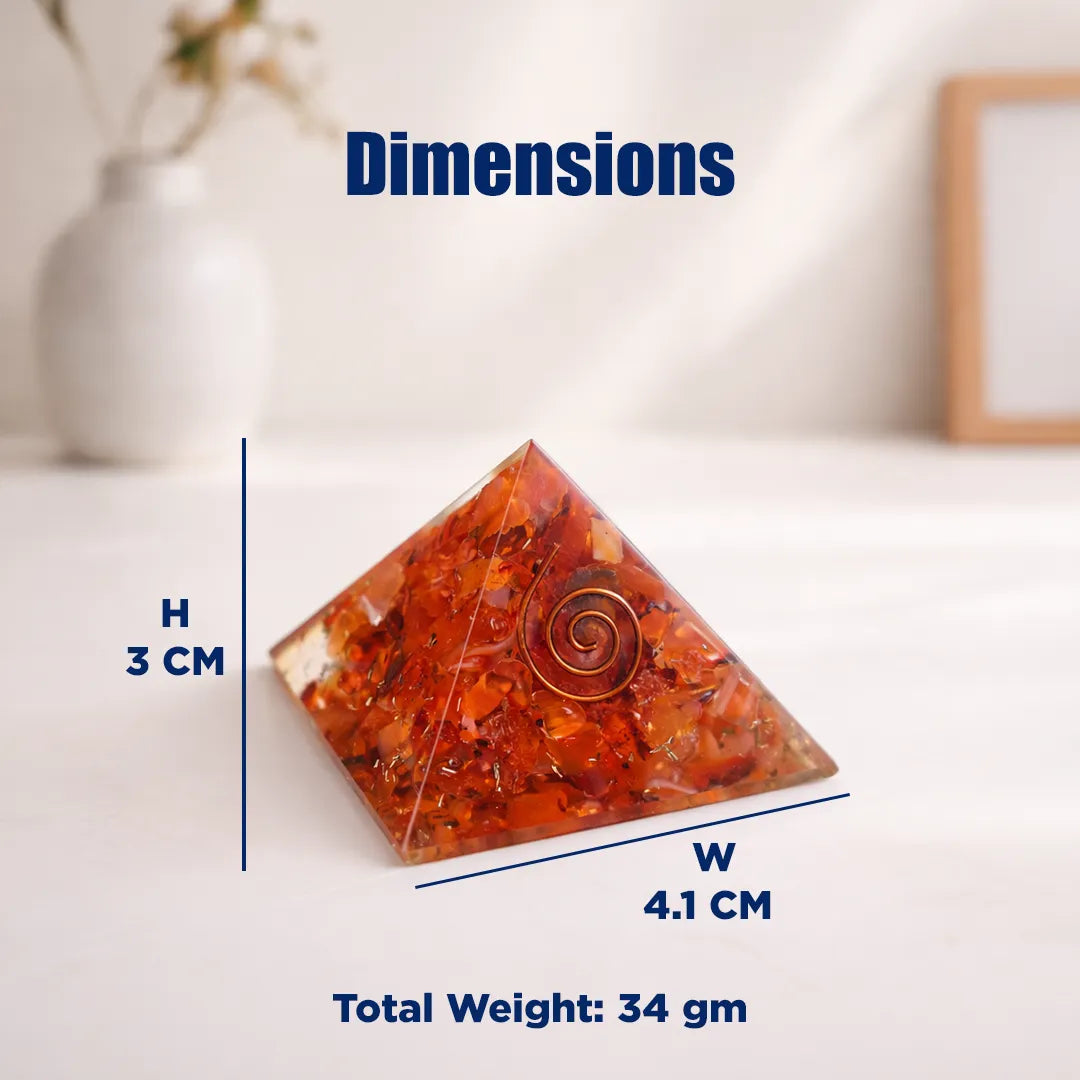 Pyramid-shaped object with measurements and weight details on a light backgroundCarnelian Pyramid – Confidence, Motivation & Energy Boost Crystal Pyramid
