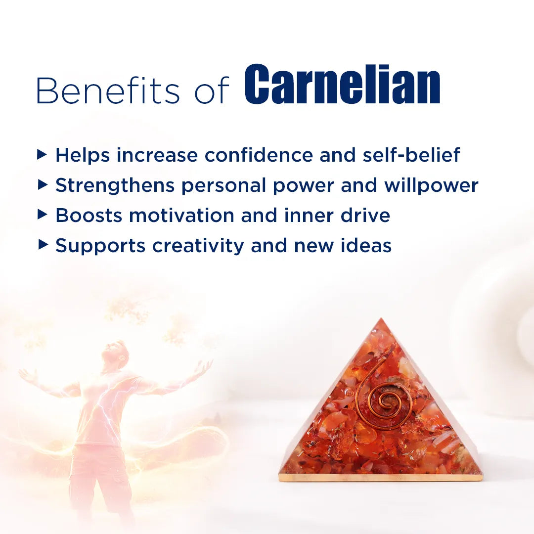 Triangular carnelian crystal with benefits listed on a white backgroundCarnelian Pyramid – Confidence, Motivation & Energy Boost Crystal Pyramid