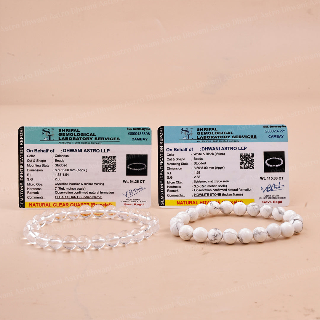 Chain ki Nind: Howlite & Clear Quartz Bracelet - Abhimantrit & Certified